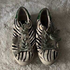 Golden Goose style  Zebra Print Kids Sneakers with Green Accents